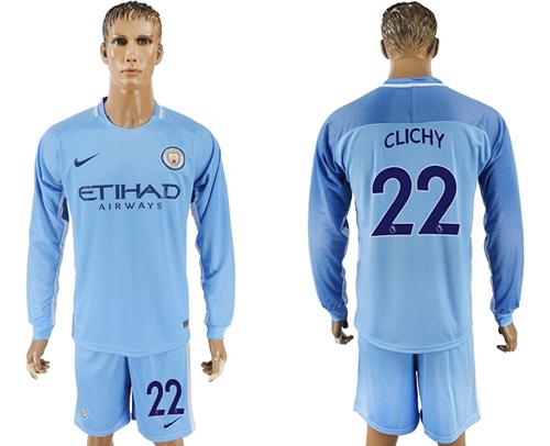 Manchester City #22 Clichy Home Long Sleeves Soccer Club Jersey